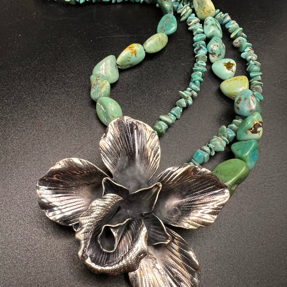 Vintage Silver Orchid & Turquoise Necklace  NEW!